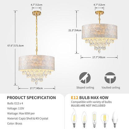 4-Light Drum Capiz Shell K9 Crystal Chandelier, Coastal Style Pendant Light Fixture for Dining Room, Living Room, D17.7 x H21~68 inch (Adjustable), Clear Crystal & Brass Finish