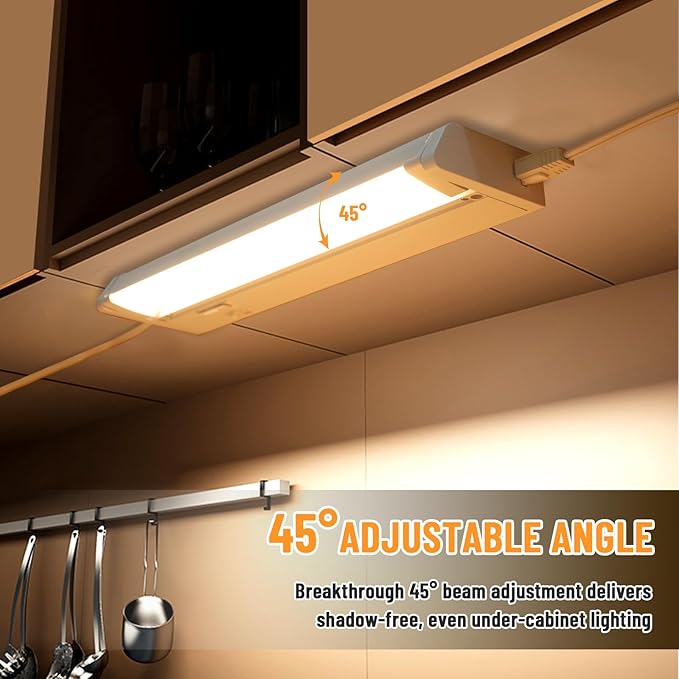 Plug in Under Cabinet Lights Hardwired, 18" 4 Pack Cabinet Light 12W 1000LM, 3CCT, 45° Rotatable Design, Linkable Up to 15 Units Under Counter Lights for Kitchen, Closets