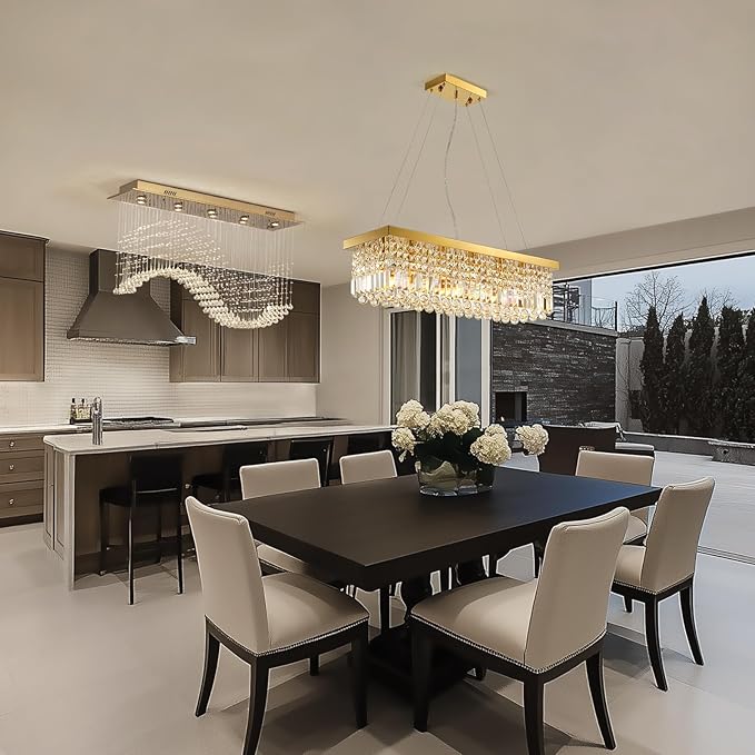 Siljoy 6-Light Modern Crystal Chandelier Rectangular Gold K9 Crystal Raindrop Chandelier for Dining Room, Luxury Adjustable Ceiling Pendant Light for Living Room Kitchen Island L31.5'' x W10'' x H10''