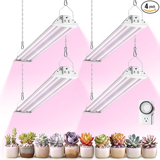 Barrina TX36 2FT LED Grow Light for Seed Starting, 144W(4 x 36W, 800W Equivalent), High PPFD, Full Spectrum, Mechanical Timer, Hang Grow Light from Seed to Flower with On/Off Switch, Linkable, 4 Packs