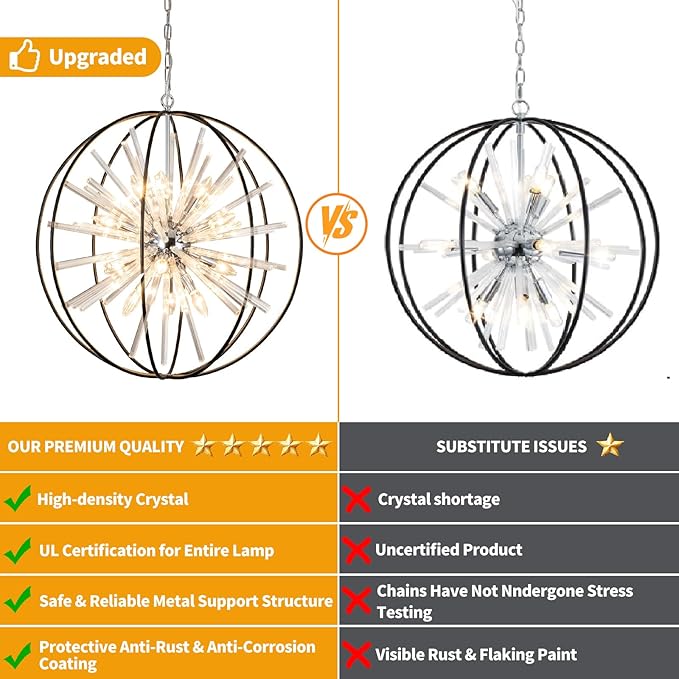 Vezzio 12-Light Modern Crystal Chandeliers for Entryway D27 Inch Black Globe Foyer Chandelier Contemporary Ceiling Hanging Light Fixture for Dining Room Kitchen Island Living Room Hallway Stairway