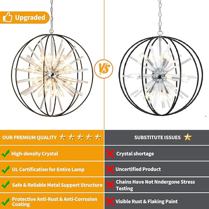 Vezzio 12-Light Modern Crystal Chandeliers for Entryway D27 Inch Black Globe Foyer Chandelier Contemporary Ceiling Hanging Light Fixture for Dining Room Kitchen Island Living Room Hallway Stairway