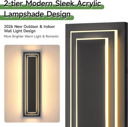 23.6 in Outdoor Wall Light Fixture,Black Outdoor Modern Square Wall Lights for Hallway, 2-Tier Garage Side Wall Sconces,Waterproof Front Porch Light Integrated 3000K 36W LED Light Bead,2PCS