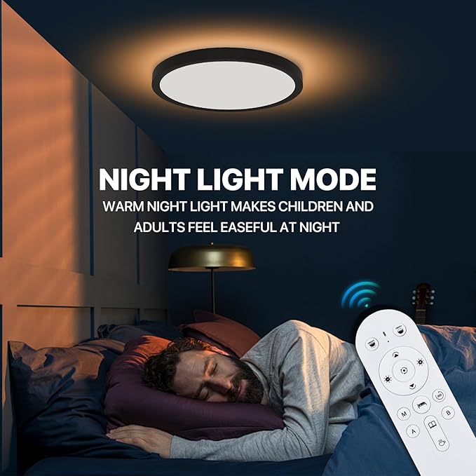 Dimmable LED Flush Mount Ceiling Light Fixture with Remote Control, 24W 2640LM, 12Inch, 2000K Warm Night Light & 3000K-6500K, Modern Super Slim Ceiling Lamp for Bedroom Kitchen, Black, 1 Pack