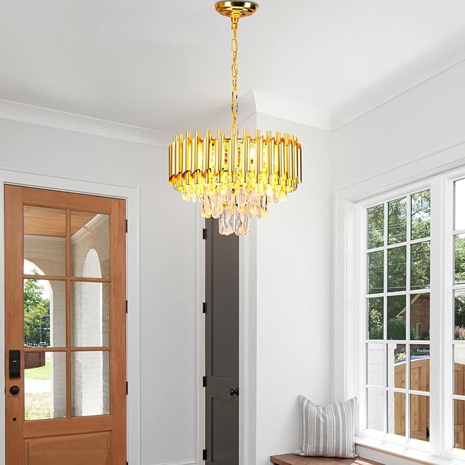 FRIXCHUR 16-Inch Modern Gold Crystal Chandelier, Ceiling Light Fixture, Adjustable Pendant Light – Suitable for Dining Room, Foyer, Kitchen and Bedroom