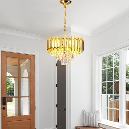 FRIXCHUR 16-Inch Modern Gold Crystal Chandelier, Ceiling Light Fixture, Adjustable Pendant Light – Suitable for Dining Room, Foyer, Kitchen and Bedroom