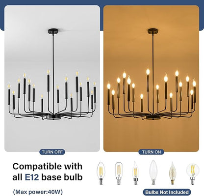 WOKNOS Modern Black Farmhouse Chandeliers, 16-Light Industrial Metal Chandelier Lighting, Classic Candle Hanging Pendant Light Fixtures for Kitchen Island, Living Room, Dining Room, Stair