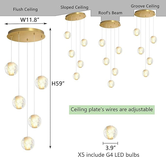 HAIXIANG 5 Lights Globe Chandelier Modern Crystal Glam Light LED Warm Light Pendant Lights for Dining Room Kitchen Island Antique Gold Lighting Fixture
