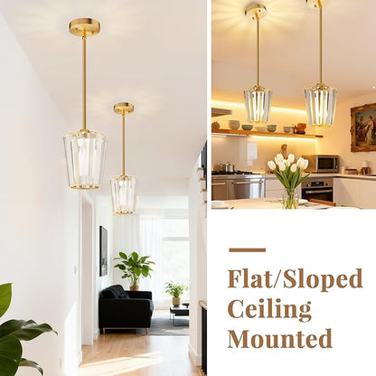 2 Pack Crystal Pendant Lights Kitchen Island - Modern Gold Pendant Light Mini Adjustable Hanging Pendant Lights for Kitchen Island Dining Room Foyer Hallway
