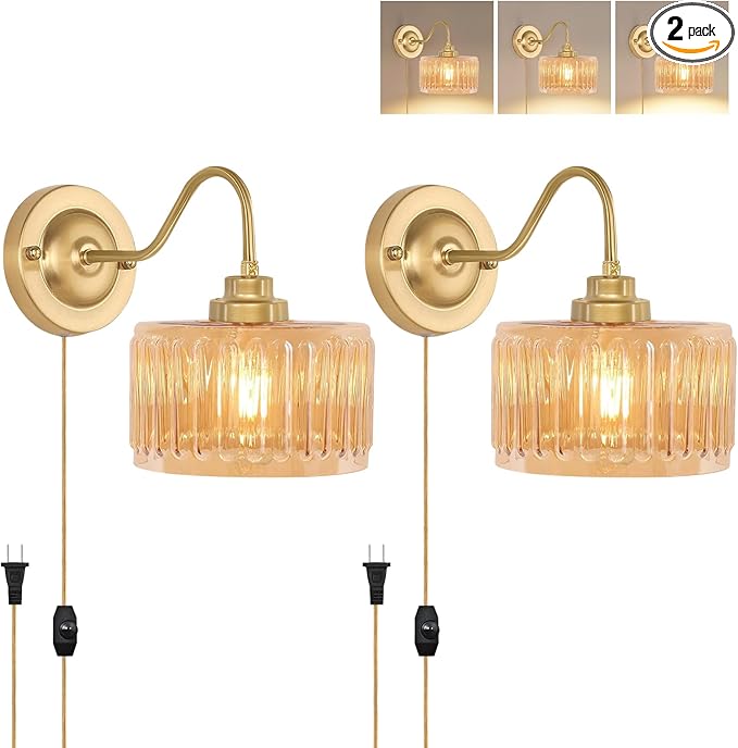 ZECOXOL Vintage Plug in Wall Sconces,Dimmable Wall Sconces of Two,Wall Lamps with Plug in Cord & Flower Glass Lampshade,Gold Sconces Wall Decor Set of 2 Wall Lights Sconces for Bedroom