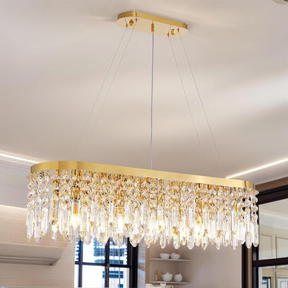Siljoy Rectangular Gold Crystal Chandelier for Dining Room, 10-Light Modern Oval K9 Crystal Raindrop Chandelier Luxury Crystal Island Light for Living Room Kitchen Bar L40'' x W11'' x H10.6''