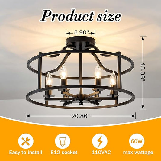 UOFUS Black Farmhouse Chandelier 6-Light Metal Dining Room Light Fixture Modern Industrial Semi Flush Mount Ceiling Light Fixture for Kitchen Island Bedroom Entryway Hallway Foyer E12 Base