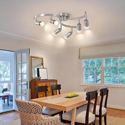 6 Light Track Lighting Fixtures Ceiling, Flexibly Rotatable Light Heads, Nickel Semi Flush Mount Ceiling Light for Kitchen Dining Room Living Room.Gu10 Bulb Base.