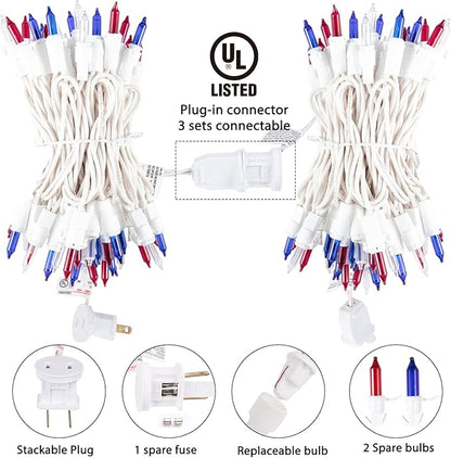 4th of July Decoration Patriotic Mini Lights - 200 Count 40 Feet Red White Blue Incandescent Bulb Waterproof String Lights Plug in for Indoor Outdoor Christmas Party Patio Independence Day Decoration