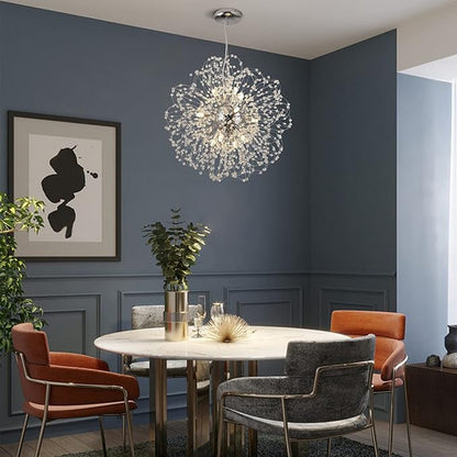 Modern Firework Chandelier, 12-Light Sputnik Chandelier Chrome Pendant Lighting for Dining Room, Dandelion Crystal Chandelier Ceiling Light Fixture for Living Room, Bedroom