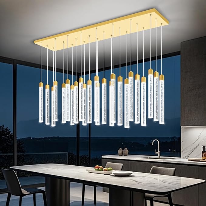 Modern Rectangular Crystal Chandeliers LED Dimmable Crystal Column Chandelier Living Room Foyer Crystals Pendant Light for Dining Room Adjustable Height 24-Light Gold