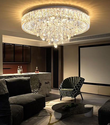 23.6" Modern Crystal Chandeliers LED Dimmable Flush Mount Ceiling Chandeliers for Living Room Entrance Foyer Bedroom Silver