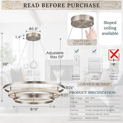 3 Ring LED Chandelier Nickel Round Chandelier Light Fixture Dimmable Foyer Chandeliers Light Weathered Wood Circular Chandeliers for Dining Room Entry Bedroom Office Living Room