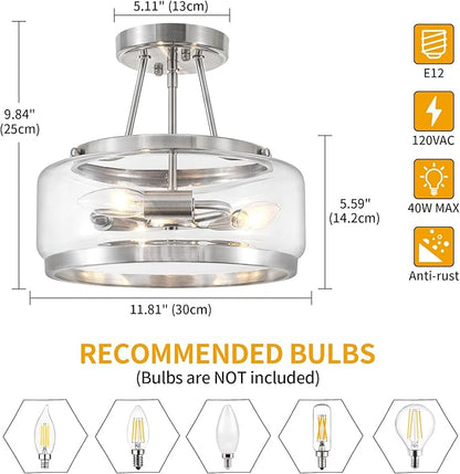 Brushed Nickel Modern Glass Ceiling Light, 3-Light Drum Semi Flush Mount Ceiling Light , Entryway Light Fixture, 11.81" Ceiling Lamp for Hallway Bedroom Laundry Room Dining Room Kitchen Light Fixtures