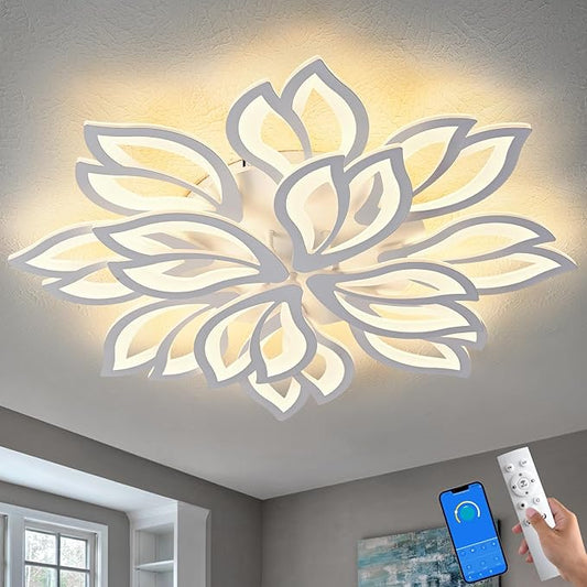 Modern White Flower Ceiling Light Fixture, 30 Inch Dimmable Flush Mount with 12 Leaves, Low Profile for Living Room, Dining Room, Bedroom