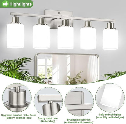 5-Light Brushed Nickel Bathroom Vanity Light with Milky White Frosted Glass Shades, Modern Bathroom Light Fixtures, Up/Down Reversible Lighting for Mirror, Bedroom, Kitchen, Living Room, Hallway