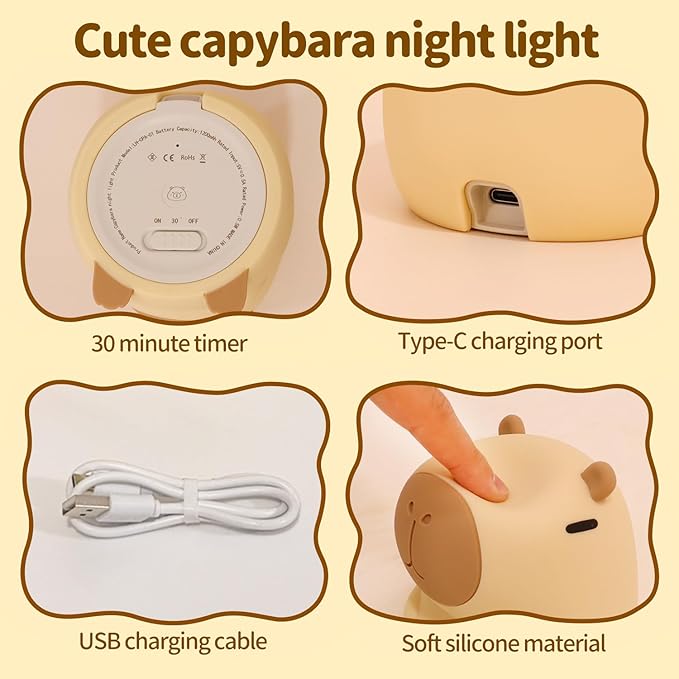 Capybara Night Light Squishy, 50Hrs Nursery Night Light, Touch Control 2 Brightness, 30Min Auto-Off, Rechargeable Bedside Lamp for Baby Kids, [Mothers Day Gifts]