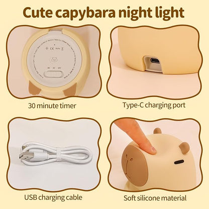 Capybara Night Light Squishy, 50Hrs Nursery Night Light, Touch Control 2 Brightness, 30Min Auto-Off, Rechargeable Bedside Lamp for Baby Kids, [Mothers Day Gifts]