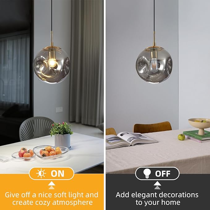 Modern Smoke Gray Concave Glass Pendant Light, Kitchen Island Lighting Single Globe Pendant Light Fixtures Century Kitchen Island Pendant Lighting for Bedroom Living Dining Room Light （Without Bulb）
