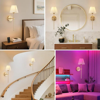 Cordless Battery Operated Wall Sconces Set of 2, Rechargeable Wall Sconce with Remote, Fabric Shade Wireless Wall Sconce Fixtures for Bedroom, Living Room, Bedside (2 Bulbs Included)