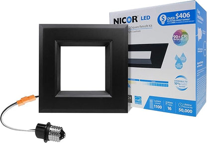 NICOR Lighting 6 inch Black Square LED Recessed Downlight in 3000K (DQR6-10-120-3K-BK-BF)