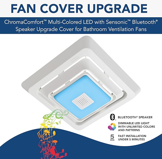 Broan-NuTone FG800RGBS Genuine Replacement Cover (Bath Fan Not Included) with ChromaComfort LED Light and Sensonic Bluetooth Speaker, Fits Select Bathroom Fan Models