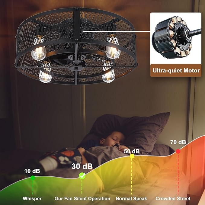Depuley Caged Ceiling Fan with Light: 20" Flush Mount Ceiling Fans with Remote - Farmhouse Black Fandelier - Industrial Ceiling Fan Light Fixture for Small Low Indoor Bedroon Kitchen Dining Room