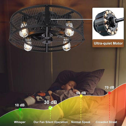 Depuley Caged Ceiling Fan with Light: 20" Flush Mount Ceiling Fans with Remote - Farmhouse Black Fandelier - Industrial Ceiling Fan Light Fixture for Small Low Indoor Bedroon Kitchen Dining Room