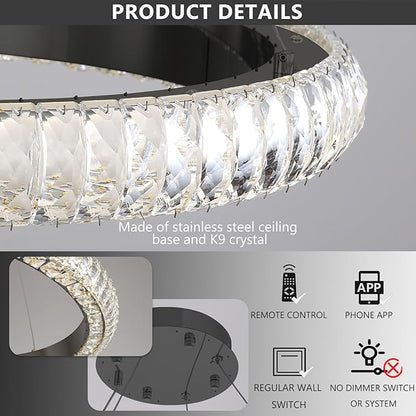 23.6" 3 Ring Crystal Chandelier Modern LED Dimmable Ring Pendant Light Round Chandelier for Dining Room Living Room Black