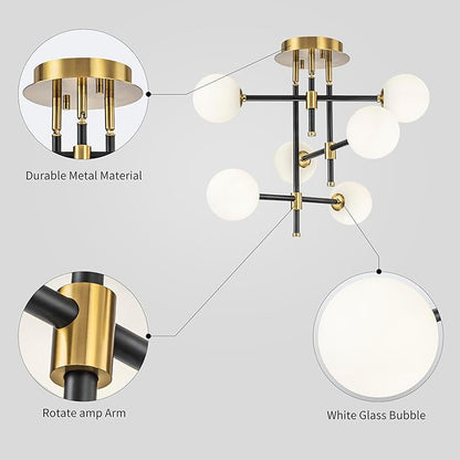 6-Light Rotatable Glass Bubble Ceiling Lights, Modern Flushmount Light Fixture for Dining Room, Bedroom, D20 * H15.5 inch, Milk Glass Bubble & Black & Gold Finish