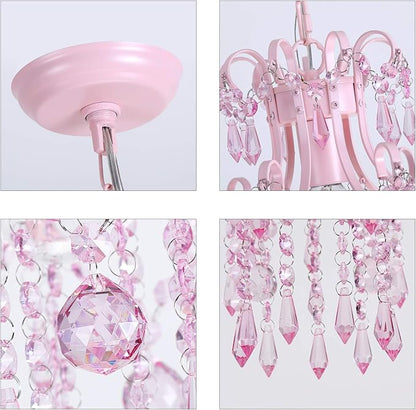 Q&S Mini Crystal Chandelier, Modern Pink Chandelier,Small Hanging Light Fixture for Princess Room Dressing Room Bathroom Clothing Store Salon W11.8 1 Light E26. UL Listed
