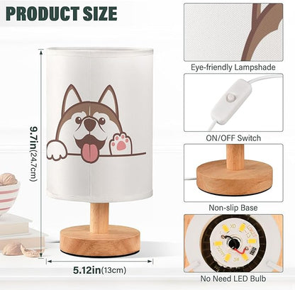 Cute Siberian Husky Dog Peeking Cartoon Animal Table Lamp with Wood Base Fabric Lamp Shade Bedside Nightstand Desk Lamp for Living Room Bedroom Kids Room Office