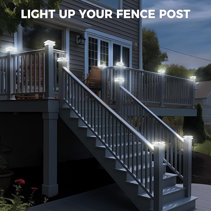 Peasur 4x4 Solar Post Cap Lights Outdoor with 3 Modes, 8 Packs White Fence Light Solar Powered Waterproof, Wood/Vinyl Post Caps for Deck Yard Garden Patio Porch Outside