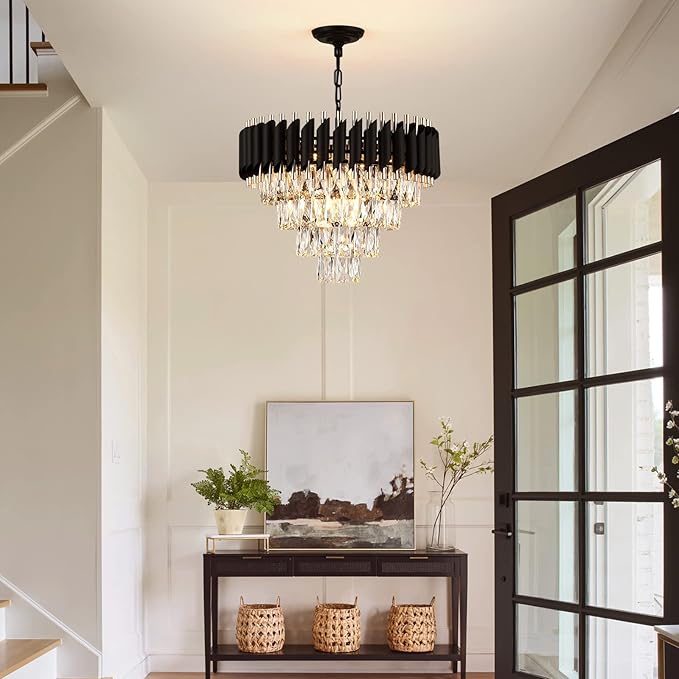 AXILIXI Modern Crystal Chandelier - 20" Crystal Ceiling Pendant Light 4 Tier Raindrop Flush Mount Chandelier in Black and Gold for Entryway, Foyer, Dining Room