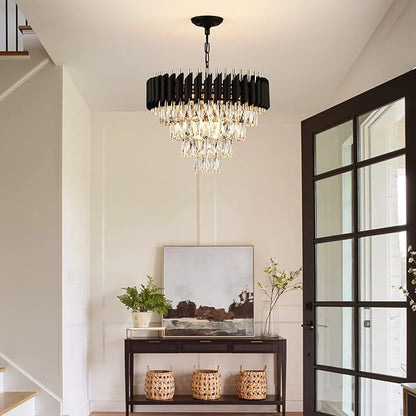 AXILIXI Modern Crystal Chandelier - 20" Crystal Ceiling Pendant Light 4 Tier Raindrop Flush Mount Chandelier in Black and Gold for Entryway, Foyer, Dining Room