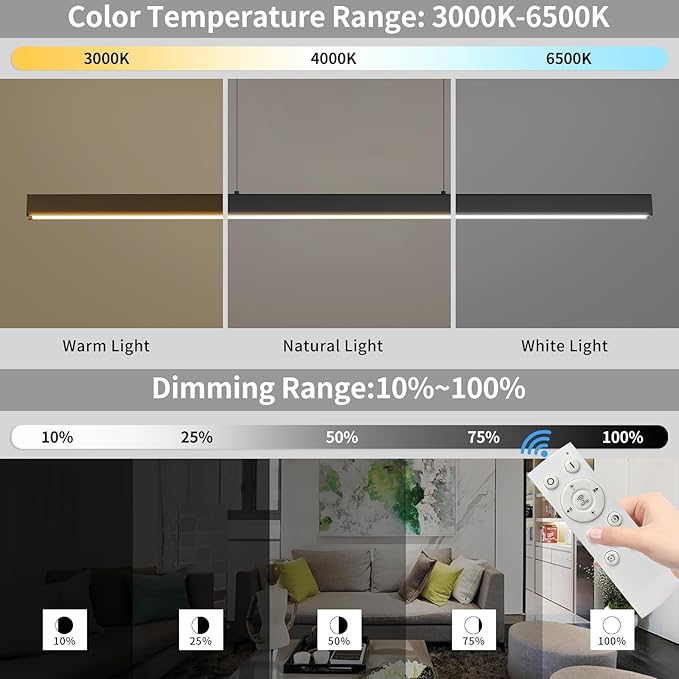 Modern LED Linear Pendant Light, 31IN Ceiling Chandlier Light Fixtures Hanging with Remote Control 3000k-6500K Adjustable Color Temperature Island Light for Dining Room, Kitchen