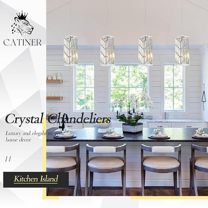CATINER Chrome Crystal Pendant Light, Mini Hanging Pendant Lighting Fixture with Adjustable Cord, Modern Silver Pendant Light for Kitchen Island, Dining Room, Bedroom, Hallway, E26 Base (1 Pack)