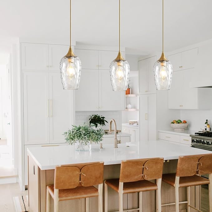 Glass Pendant Lights Kitchen Island, Gold Pendant Light Fixtures with Hand-Blown Clear Glass Modem Farmhouse Hanging Light for Kitchen Sink Dining Room Bedroom