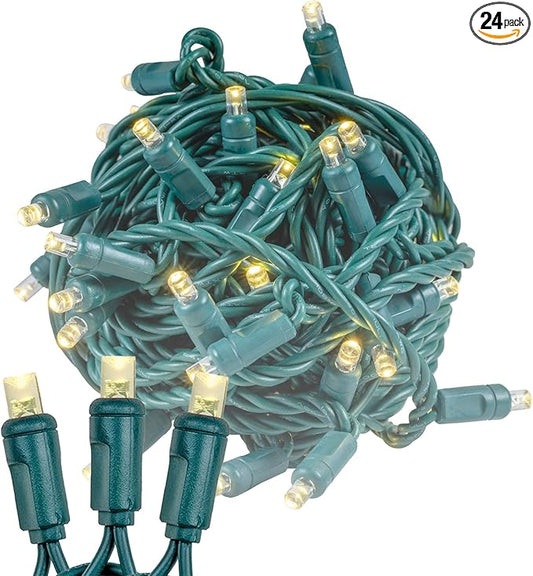 Novelty Lights 24-Pack CASE 25ft 50 LED Warm White Christmas Lights Outdoor/Indoor, 6" Spacing, Green Wire String Lights for Festive Xmas Lighting, IP55, UL Listed, Dimmable, Connectable