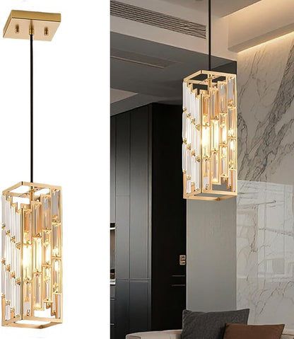 Gold Pendant Lights Kitchen Island, Adjustable Modern Pendant Light Fixtures 1 Pack, Mini Crystal Chandeliers for Dining Room Bedroom Foyer Hallway