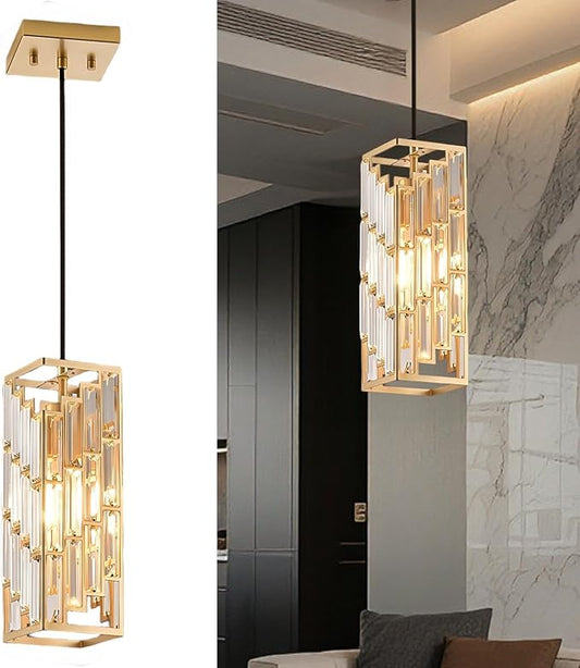 Gold Pendant Lights Kitchen Island, Adjustable Modern Pendant Light Fixtures 1 Pack, Mini Crystal Chandeliers for Dining Room Bedroom Foyer Hallway