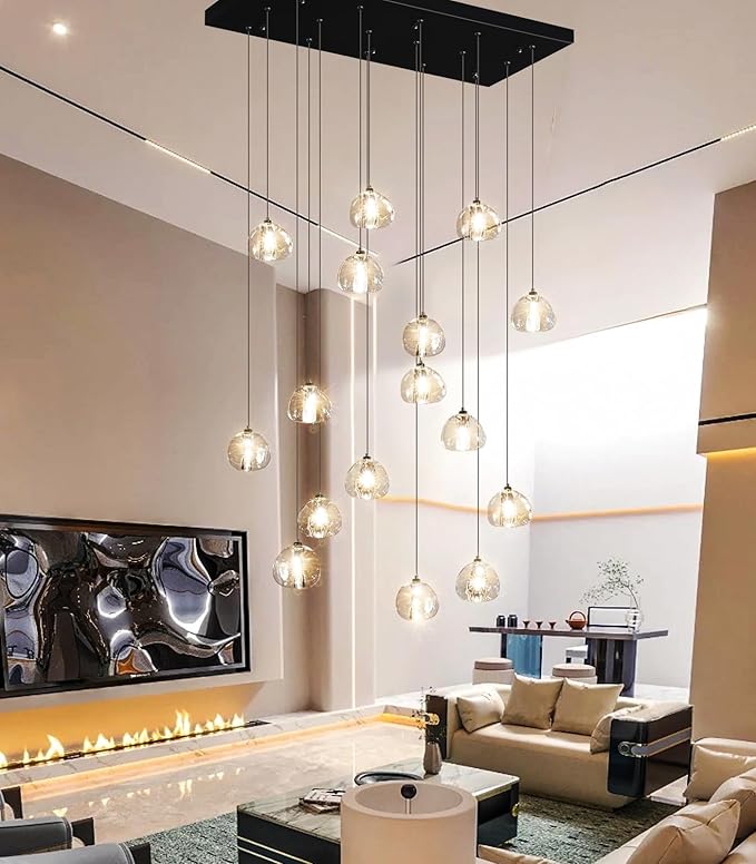 HAIXIANG W27.6 x D11.8 x H118 Rectangular Glam Chandelier Bubble Crystal Ceiling Pendant Lights Dimmable High Ceiling Chandeliers Fixtures Adjustable Long Lights Black
