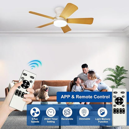 35-Inch Ceiling Fans with Lights: Wood Low Profile Ceiling Fan with Light and Remote Control - Reversible Flush Mount Fans - 3CCT Dimmable Small Ceiling Fan for Bedroom Indoor/Outdoor Use