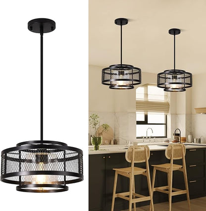 Modern Pendant Lights Kitchen Island, Black Pendant Light Fixtures with 13" Metal Cage, Industrial Farmhouse Hanging Pendant Lights Fixture for Kitchen Island Dining Room Bedroom Hallway Entryway