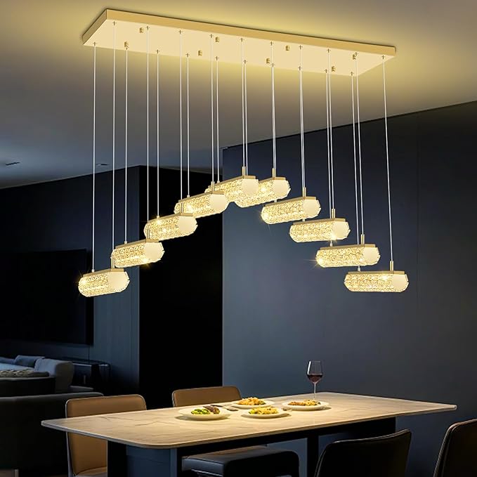 Crystal Kitchen Chandeliers Over Table,Rectangular Crystal Chandelier for Living Room Modern Linear Chandelier for Dining Room Dimmable Gold 10 Lights